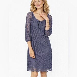 Garnet Hill Slate Blue Lace Tie-Neck Dress